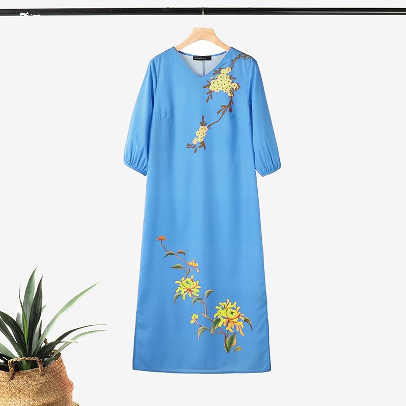 

ZANZEA Women Casual V-Neck Loose Floral Print 3/4 Sleeve Long Dress 5XL