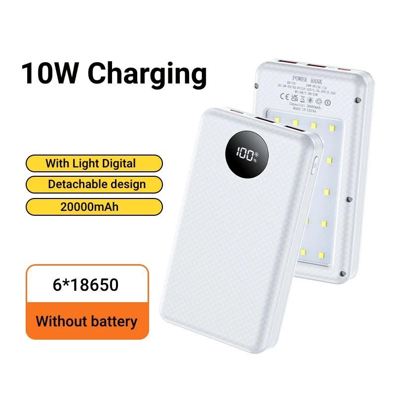 6*18650 Power Bank Bateriový Box Duální USB Typ C Nabíjecí Skořepina s kempingovými světly 20000mAh Externí Pouzdro Power Banky Úložný Box na Nabíjení Baterií