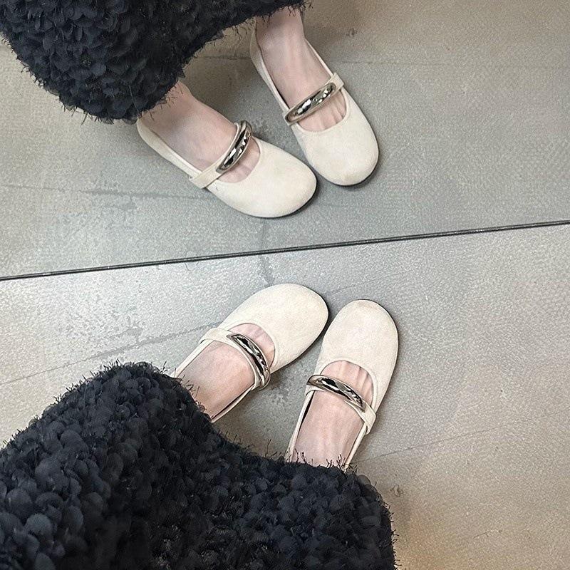 Inner height increase Mary Jane shoes niche design metal round head flat shoes single shoes