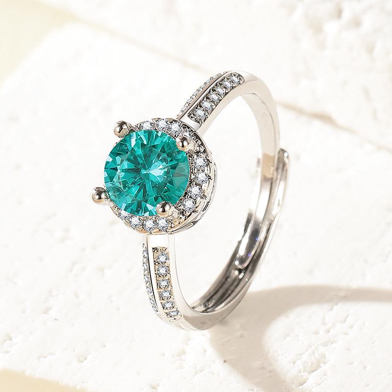 PT950-Plated Simulated Blue-Green Moissanite Open Ring with Eight Hearts & Arrows Design - Popular Women's Jewelry