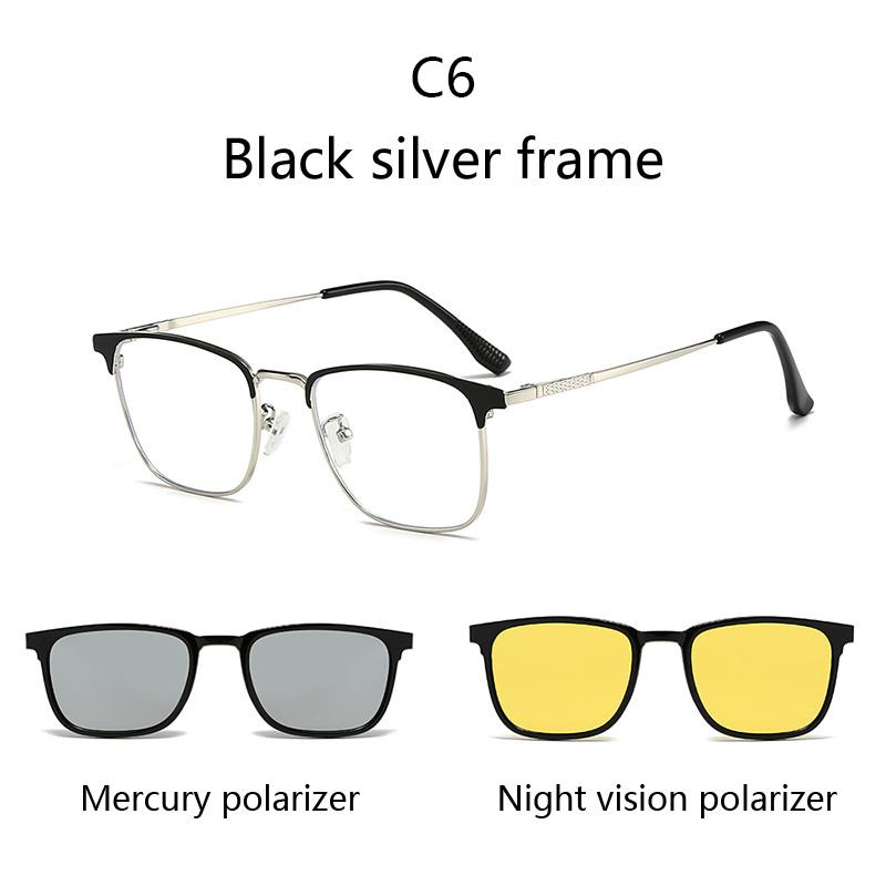Modische Metall-Halbrahmen Drei-in-Eins Modebrille Business Flache Brille Blaulichtfilter Mit Polarisationsclips Nachtsicht