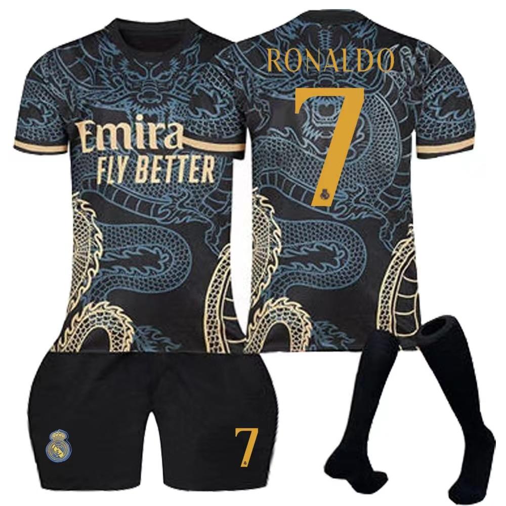 Echipament Sportiv Copii Real Madrid Nr. 7 Ronaldo Set Tricou Fotbal Negru Poliester Tineret