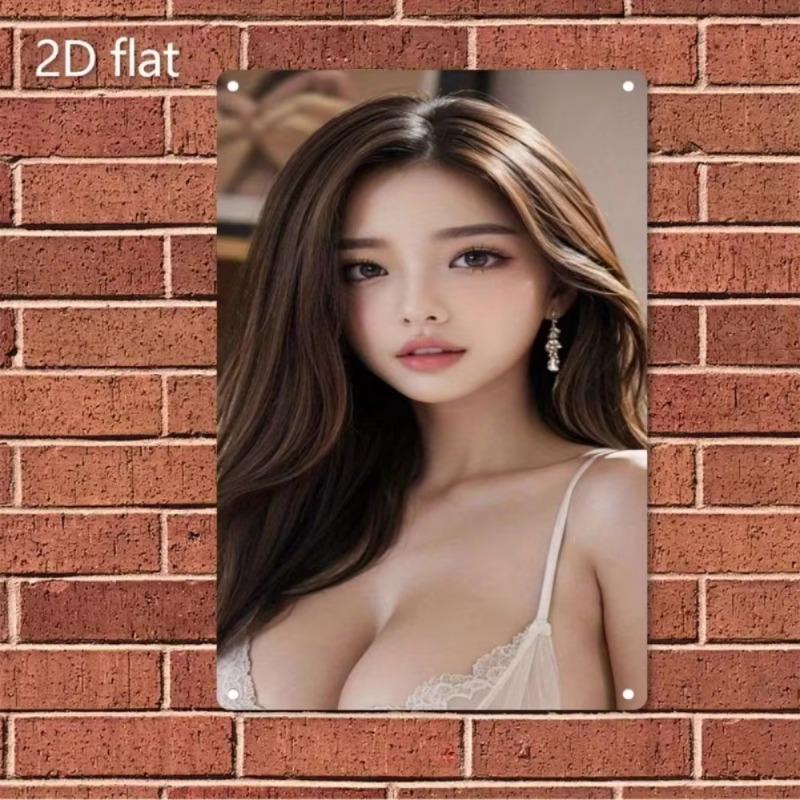 Metal Wall Art Woman Portrait, Korean Style Iron Poster for Home Bar Cafe Office