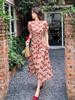 French retro red V-neck floral dress women's summer new temperament age-reducing foreign style waist and thin dress