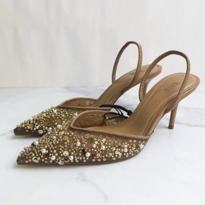 Brand High Heeled Formal Party Shoes for Lady Luxury Sequin Pearl Stiletto Mesh Slingbacks Women Modern Sandals