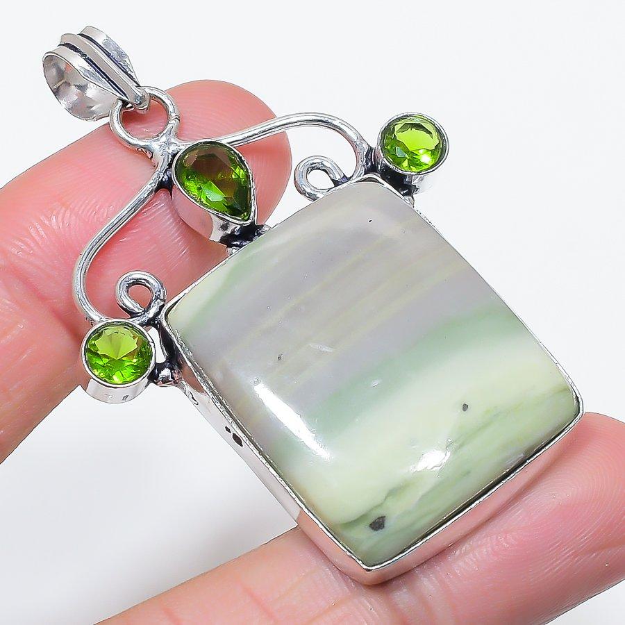 Natural Swiss Green Opal, Peridot 925 Sterling Silver Jewelry Pendant 2.48" m7g76