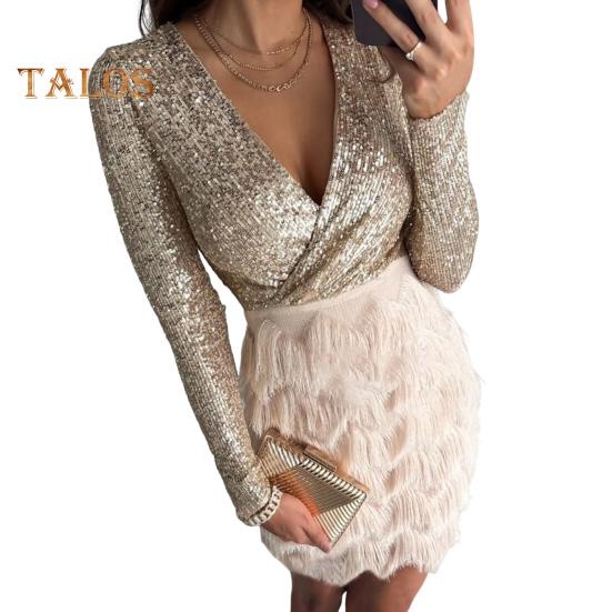 Partykleid für Damen mit glitzernden Pailletten, langen Ärmeln, tiefem V-Ausschnitt, Korsett-Minikleid, Herbst/Winter, Cocktail-Galakleid für Party, Abschlussball, Nachtclub