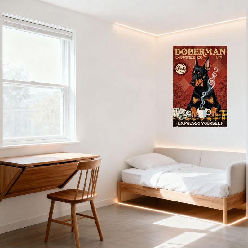Vintage Doberman Coffee Co. Metal Tin Sign - 1919 Established Doberman Pinscher with Coffee Cup & Newspaper, Retro Wall Decor fo