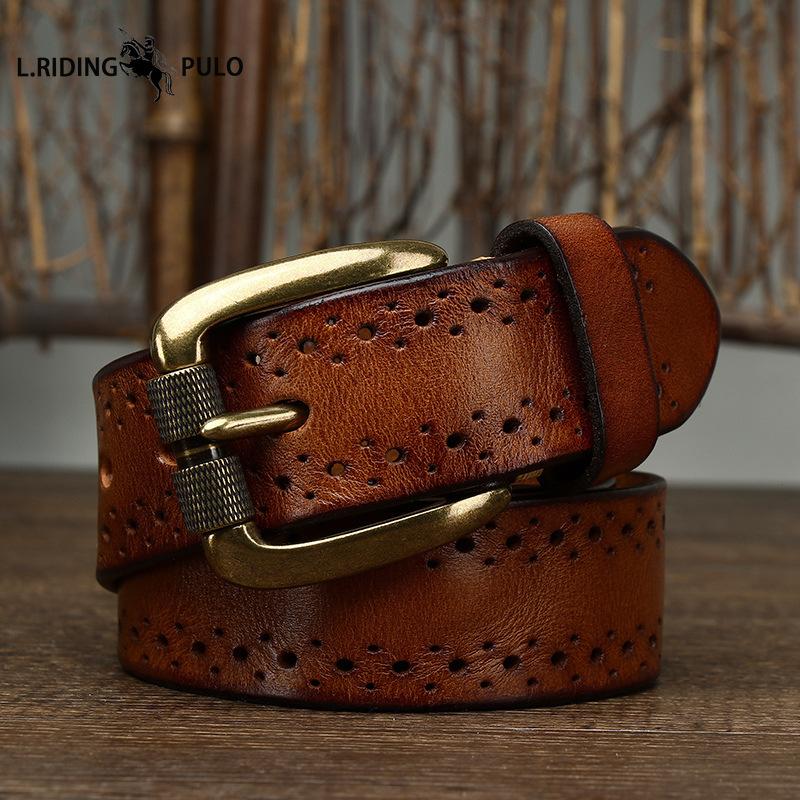 New Retro Fashion Personality Trend All-match Hollow First Layer Cowhide Pin Buckle Belt Men's Leather Jeans Belt