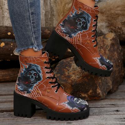 Plattform ankelstøvler med trykk for kvinner Høst Vinter Svart Høyhælte Korte støvler Dame Snøring Tykk hæl Botas Mujer