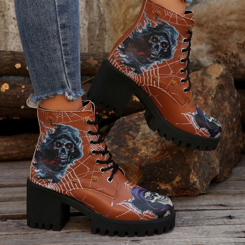 Fashion Fashion Printed Platform Ankle Boots for Women Autumn Winter Black High Heels Short Boots Woman Lace-up Thick Heeled Botas Mujer