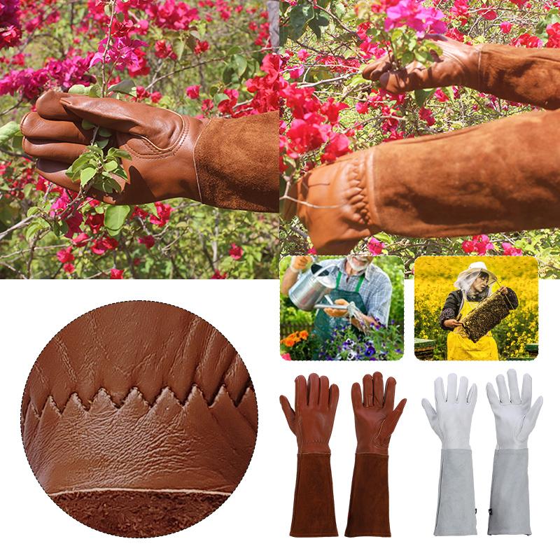 1pair Sheepskin Gardening Gloves Long Sleeve Work Gloves Puncture Resistant Rose Pruning Thicken Wear-resistant Floral Gauntlet