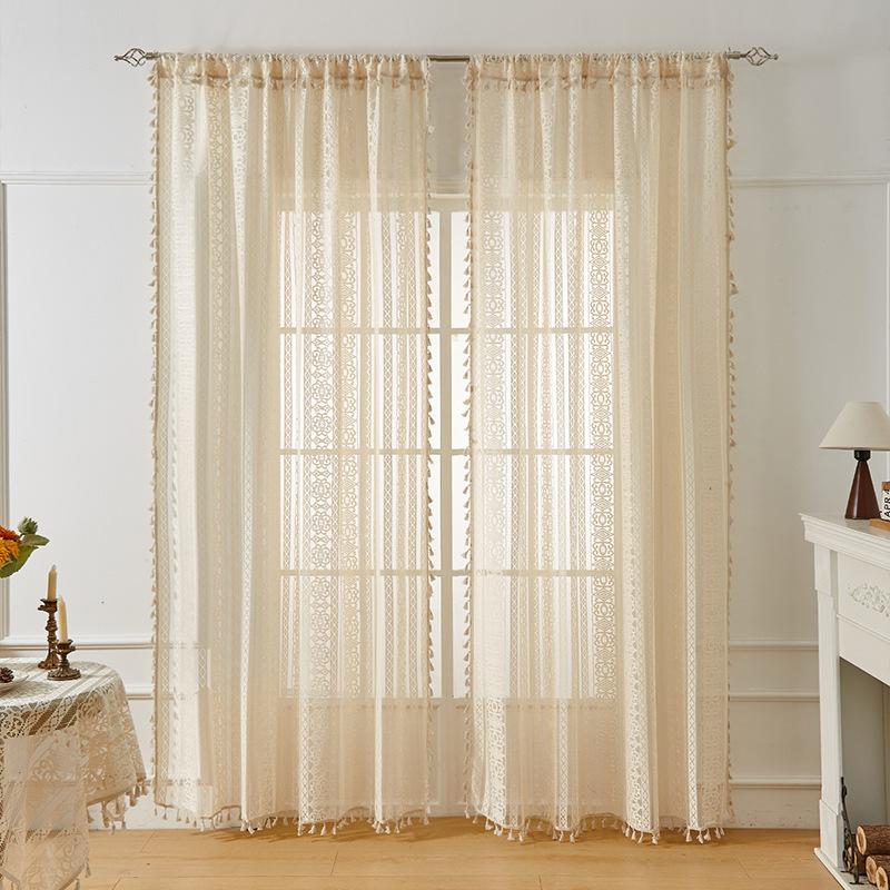 Vintage Curtain Rod Cotton Linen Curtain Tassel Beige Living Room Balcony Sheer Curtain