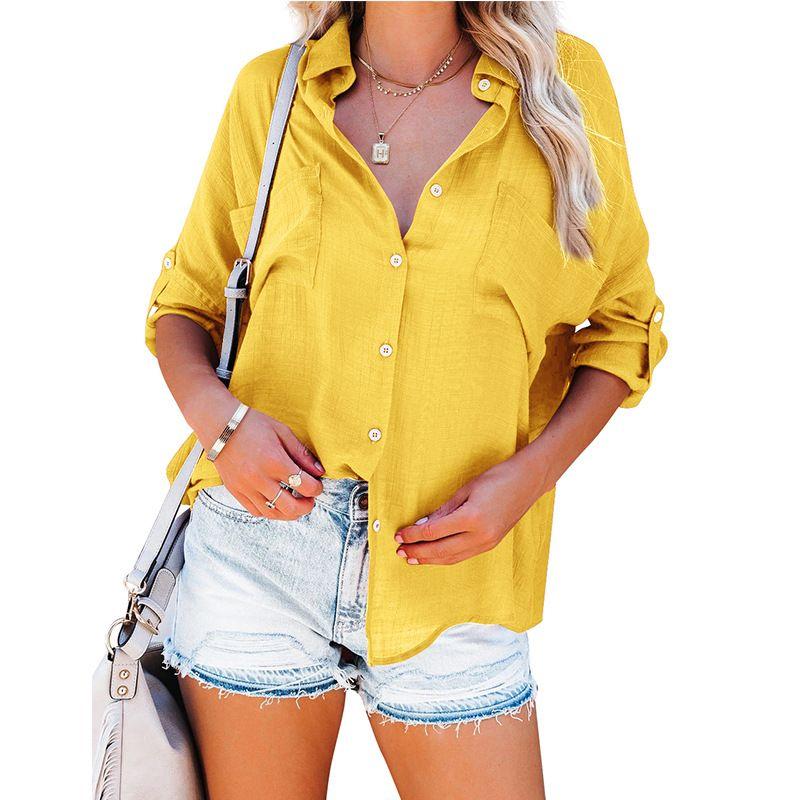 

2022 Beach Blouse Single Breasted Long Sleeve Shirt Yellow S
