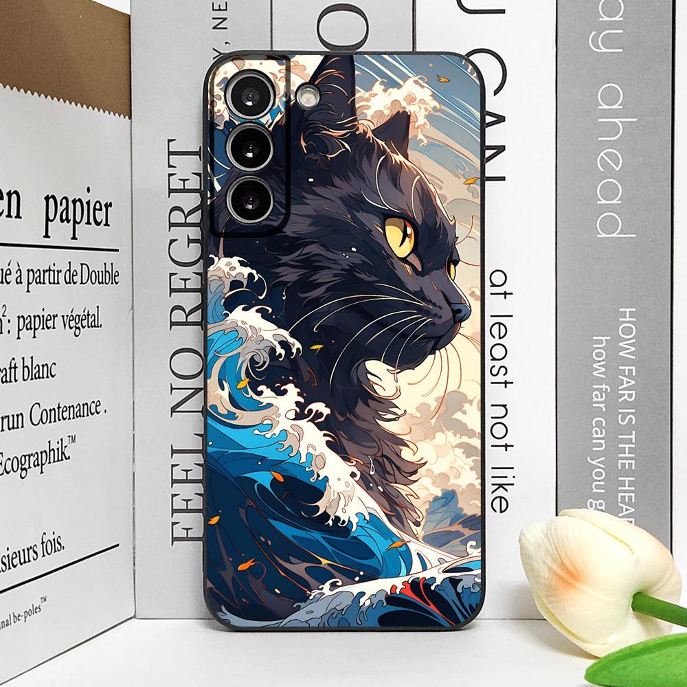 Japan The Great Wave of Kanagawa Cat Phone Case for Samsung Galaxy S22 Plus S20 S21 FE S23 S24 S25 Ultra Soft Covers Art Fundas