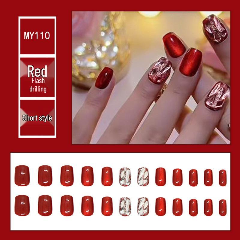 

Red Cat Eye Diamond Flashing Nails: Short, Wearable Nail Art for Holidays, Weddings & Daily Use