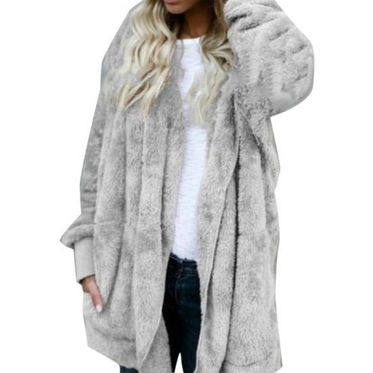 

Women Winter Coat Faux Fur Hooded Thick Warm Outwear Long Sleeve Casual Solid Color XXXL сірий
