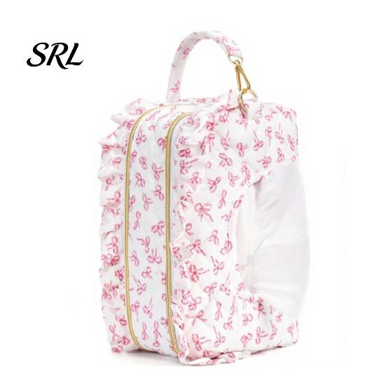Portable Baby Wipe Dispenser Quilted Diaper Wipes Bag with Hanging Strap, Dual Compartment Zipper Plaid Ruffle Storage Pouch Bag, Large Capacity