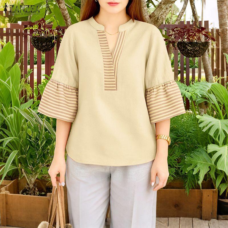 ZANZEA Women Casual V-Neck Loose 3/4 Sleeve Retro Blouse