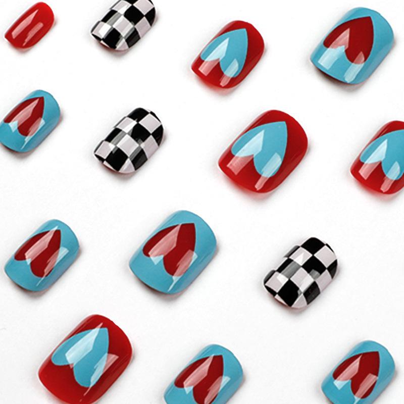 Wearable manicure Black and white checkerboard nail piece Blue and red love fake nail Wearable manicure