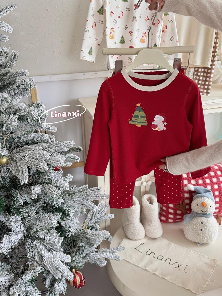 Unisex Children's New Year Christmas Pajamas: 280g Wool Stretch Baby Warm Home Set