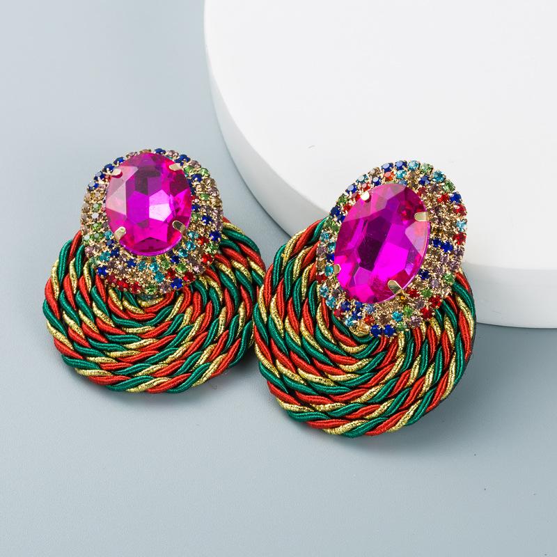 Women's Drop Earrings Color Personality Exaggerate Oval Glass Crystal Handmade Line Weaving Earrings