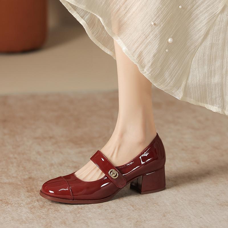 Thick heel shallow mouth soft leather single shoes women's college vocational work commuter women's shoes square head shoes