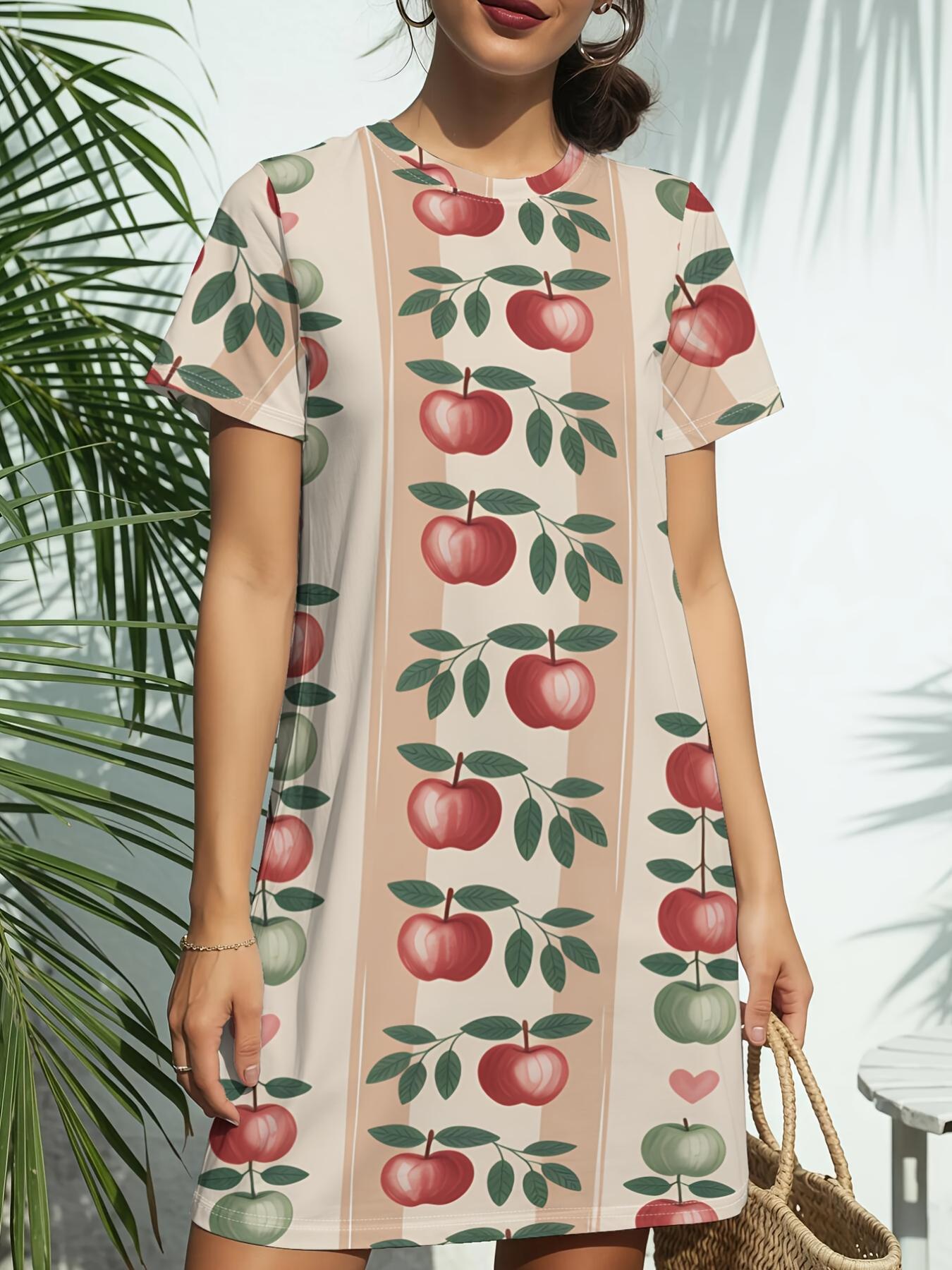 

Apple Orchard RetroNew Arrival Women s Round Neck Short-Sleeve T-shirt Dress.American Trendy Digital Print. Casual Versatile Style for Spring and Summ 2XL дубильная кора