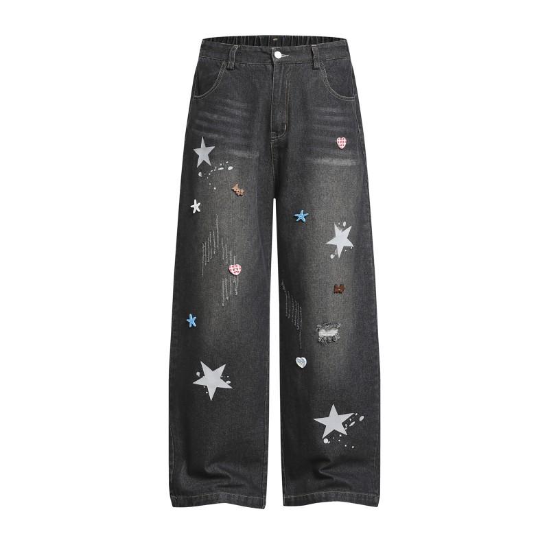 American Vintage Washed Distressed Jeans Loose Wide Leg 3D Buttons Unisex Casual Pants Teens