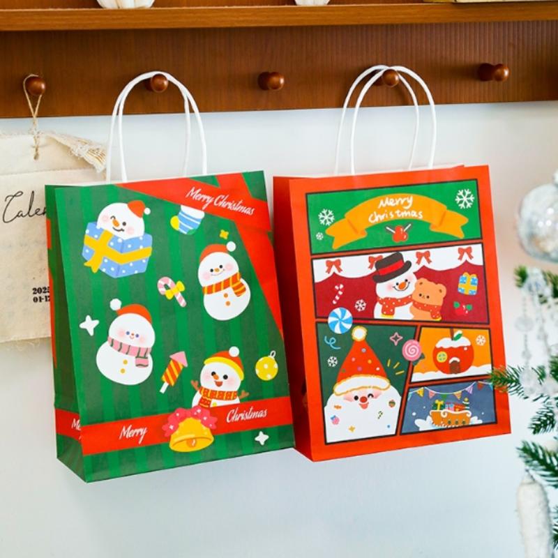 Merry Christmas Kraft Paper Gift Tote Bags Packaging Child For Candy Snack Storage Pouch Birthday Party Favors