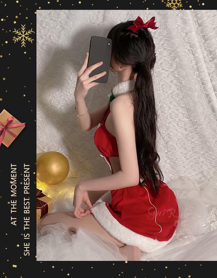 Rose Velvet Christmas Cutout Halter Lingerie Set for Women