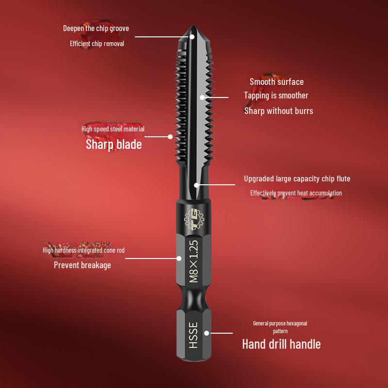 Tiangong High-Speed Steel Hex Handle Straight Groove Tap for M3-M12 Tapping In Stainless Steel & Cast Iron.