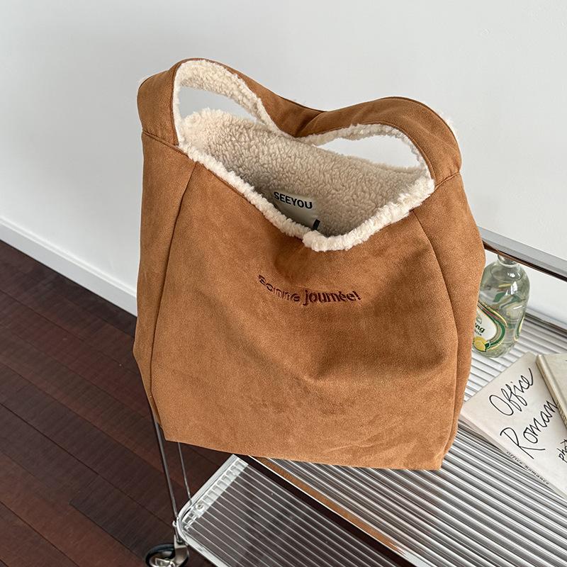 

Korean Suede Double-sided Handbags Autumn Winter Lamb Wool Large Capacity Commuting Tote Bag Female Letter Shoulder Bags