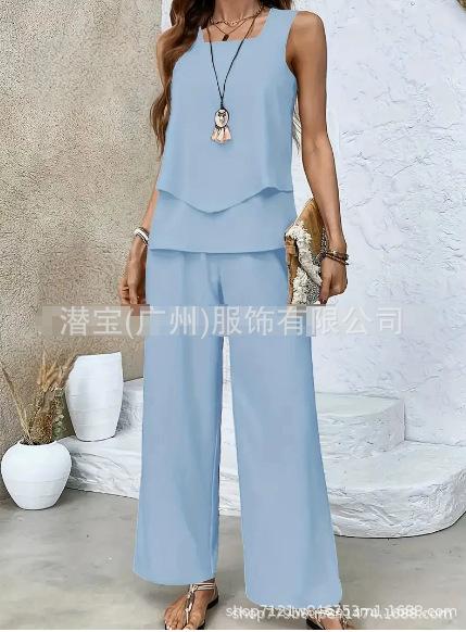 New European and American women's clothing spot explosion sleeveless casual double-layer vest plus pants set two-piece set