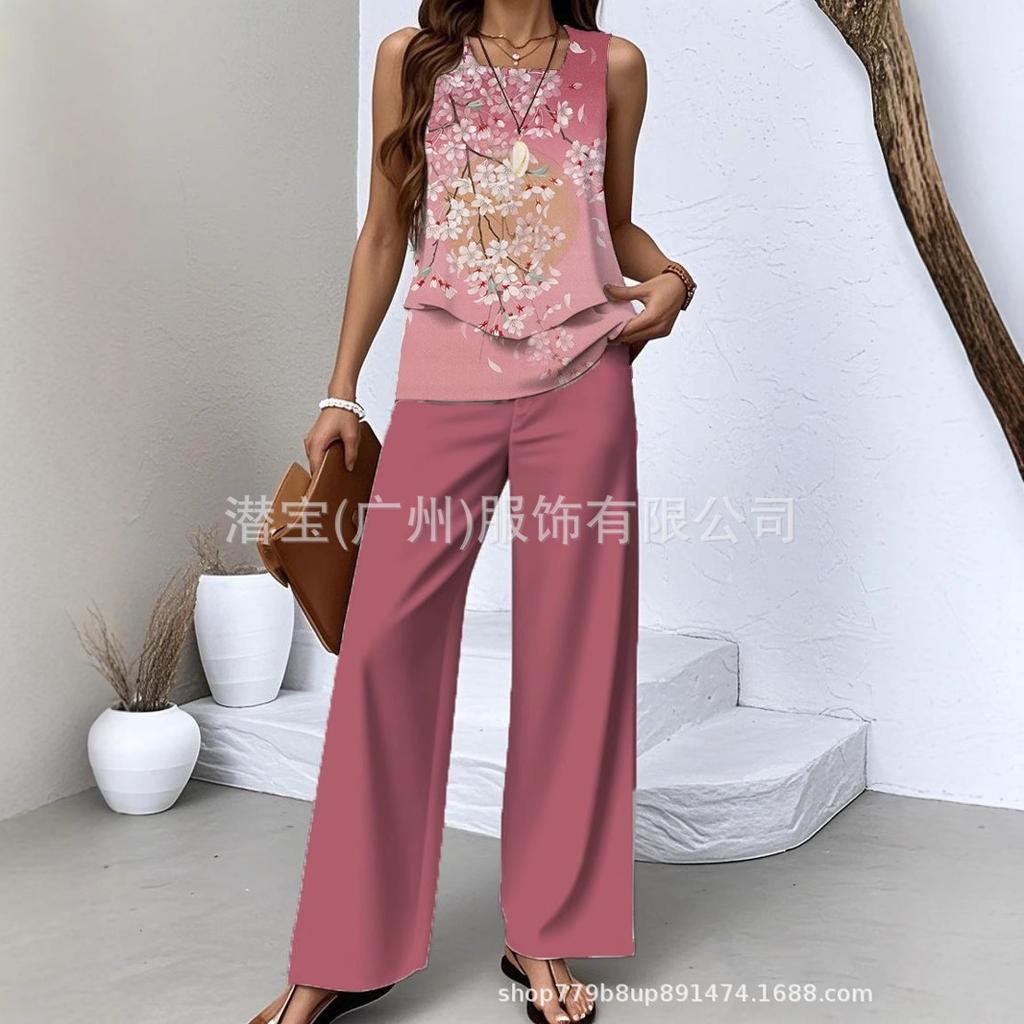 New European and American women's clothing spot explosion sleeveless casual double-layer vest plus pants set two-piece set
