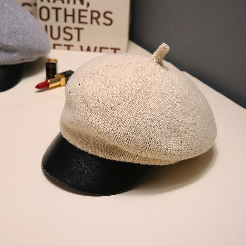 Korean Versatile Little Fragrance Style Sequin Beret Autumn and Winter British Retro Warm Octagonal Hat Outdoor Casual Hat Women