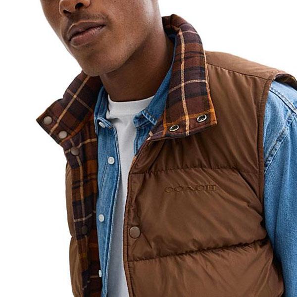 Coach FW24 Logo Embroidered Single-Breasted High Neck Reversible Sleeveless Down Jacket Men Outerwear Brown CT729-X8N