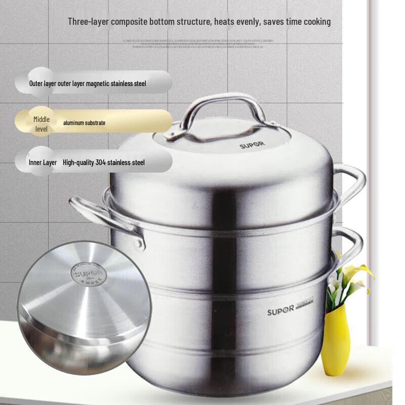 SUPOR 28cm 304 Stainless Steel Multi-Stove Steamer with Glass Lid