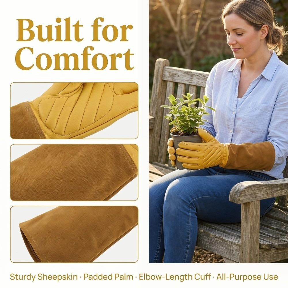 

1 Pair Leather Rose Pruning Gloves Wearproof Leather Work Gloves Long Gauntlets Gardening Yellow-S