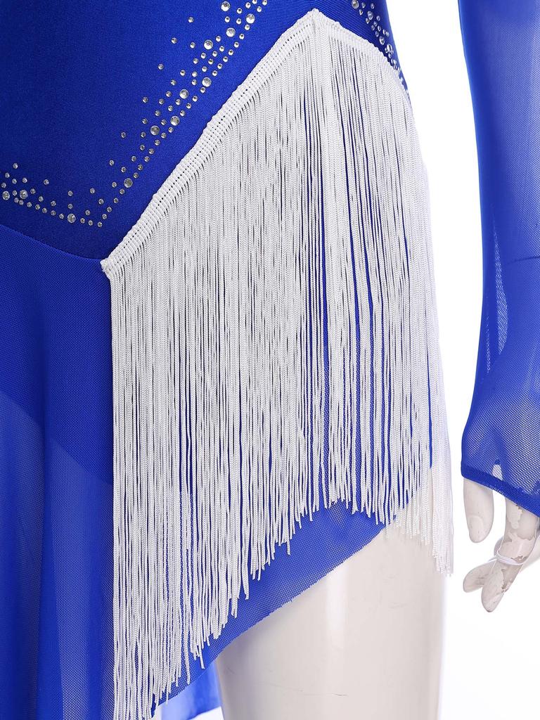 Womens Long Sleeve Skating Dress Sparkle Rhinestone Backless Irregular Hem Side Fringe Leotard Gymnastics Costume
