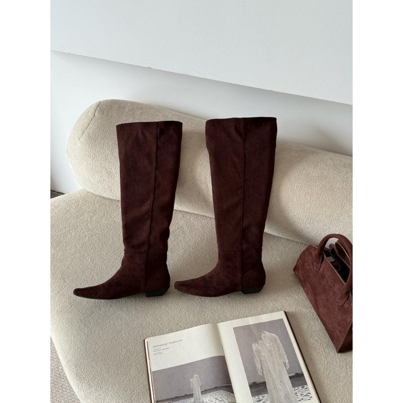 

French retro brown stacking boots wide-leg boots autumn and winter suede tall women s boots square head flat heel European and American knee boots 40