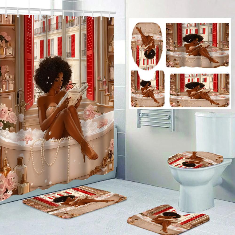 1/4 Badewannenmädchen Druck Duschvorhänge, WC-Sitz Dekoration, Duschvorhang mit Teppich und WC-Deckel, 70,8x70,8 Zoll