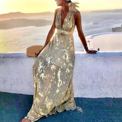 Deep V Neck Sleeveless Waist Tight Flowy Hem Sexy Dress Women Bronzing