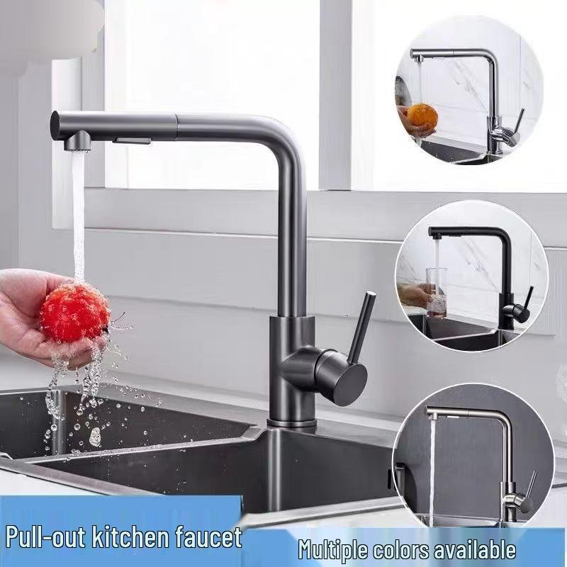 Stainless Steel Pull-out Kitchen Faucet with Dual-Function Telescopic Rotating Spout for Vegetable Sink (Hot & Cold Water)