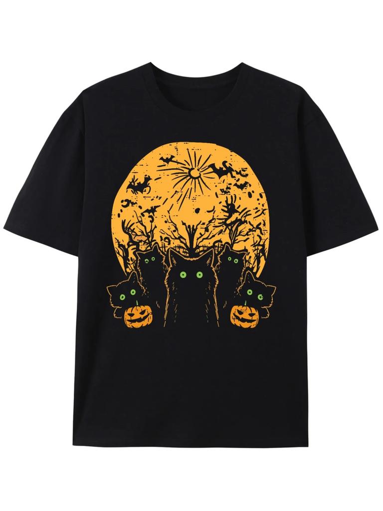 Men'S Glow-in-the-Dark Halloween T-Shirt - Black Cat Pumpkin Bats & Green-Eyed Monster Design Costume Parties Casual Attire Tee