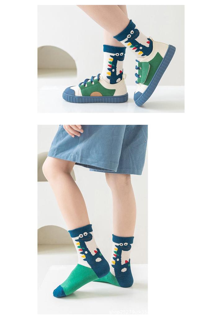 Boys' Cartoon Dinosaur Pure Cotton Mid-Calf Socks, Spring/Autumn, A-Class, for Babies and Children.