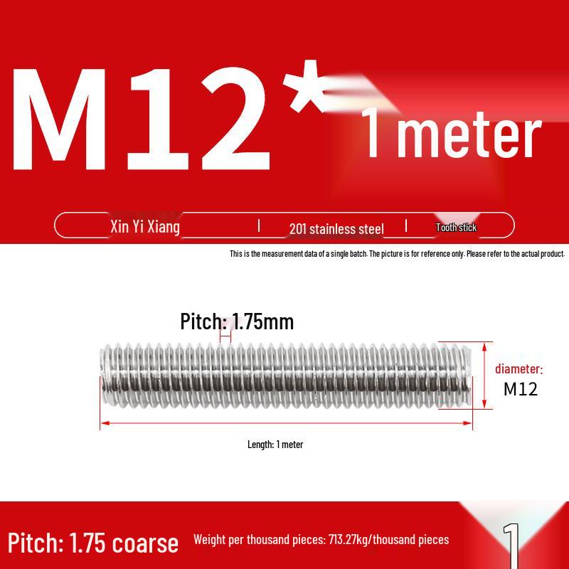 304 Stainless Steel Full Threaded Rod, 1 Meter, available in sizes M3, M6, M8, M10, M12.