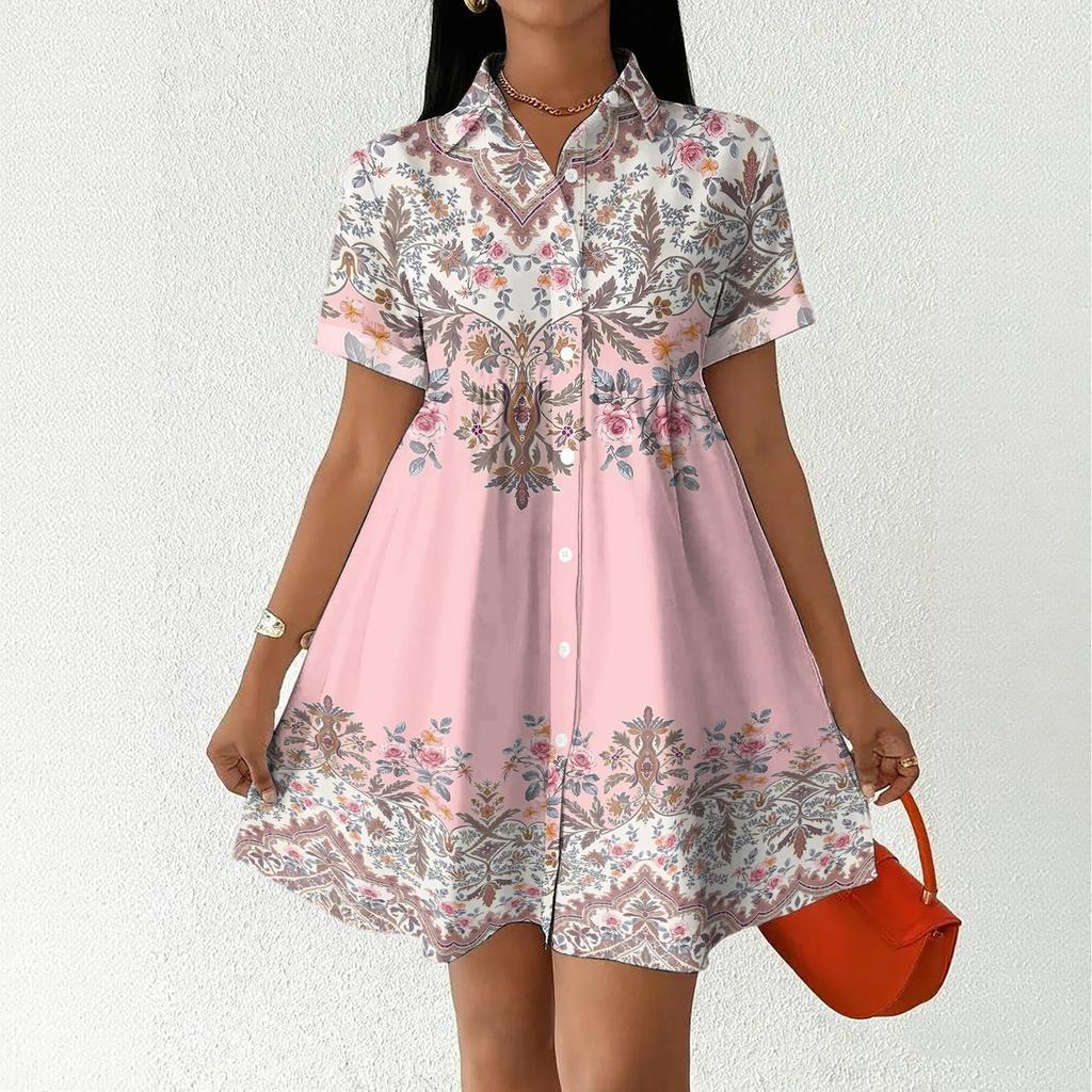 Casual Loose Fit Shirt Dress for Women Button Front Short Sleeve Collared Dress with Printed Hemline Border Design