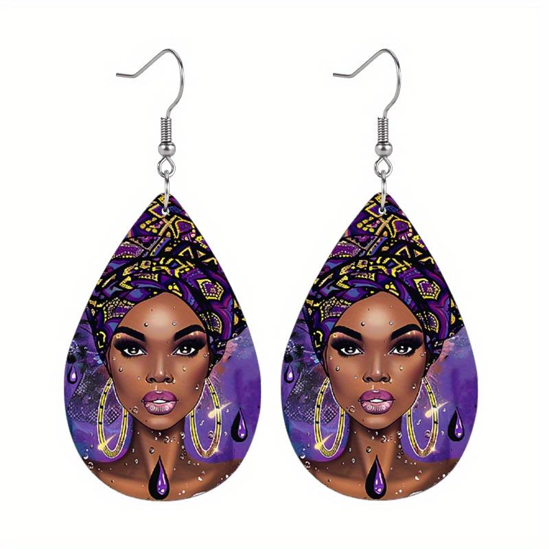 Colorful Ethnic Costume African Female Pattern PU Leather Earrings Ladies Elegant Earrings Ethnic Style Earrings Personality Earrings