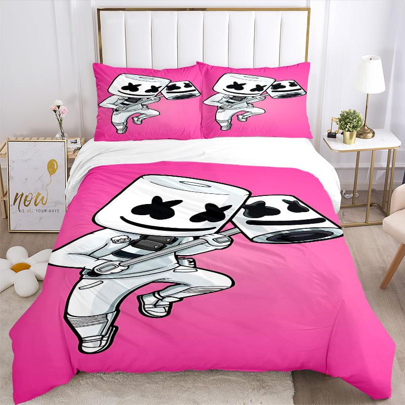 Marshmello Dj Cartoon Illustration Print 3Pcs Bedding Set,Duvet Cover with 2 Bedro,Pillowcase Home Birthday Gift